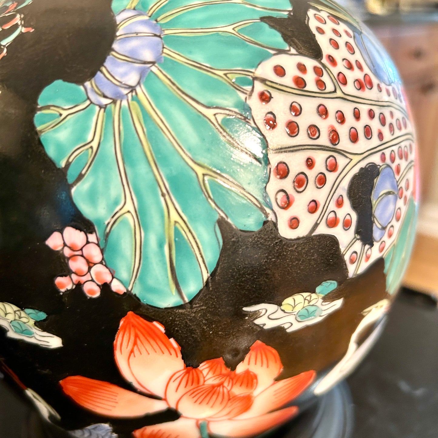 Vintage Famille Noir Matte Black Lamp With Crane Design  20 in