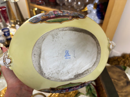 Stunning Dresden lidded tureen with vivid scenes, gold detailing, and lovely handles!