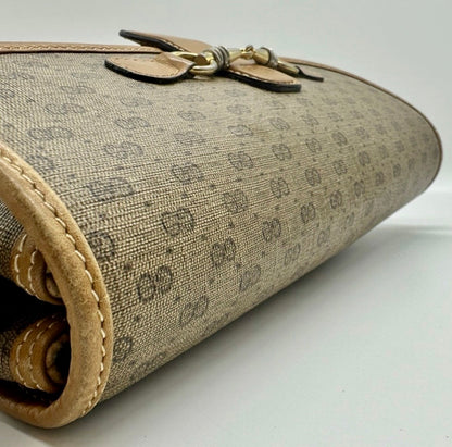 Vintage Gucci Horsebit GG Monogram beige & Brown Leather Trim Crossbody Handbag