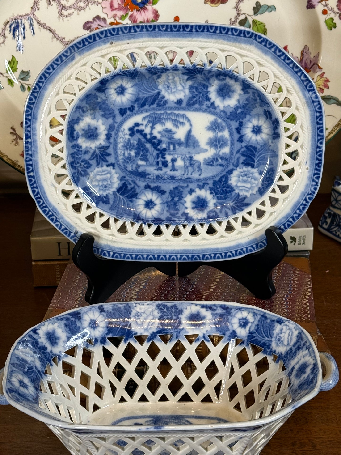 Antique Pearlware Blue & White Pierced Basket and Stand | c.1820 | Style DA4390
