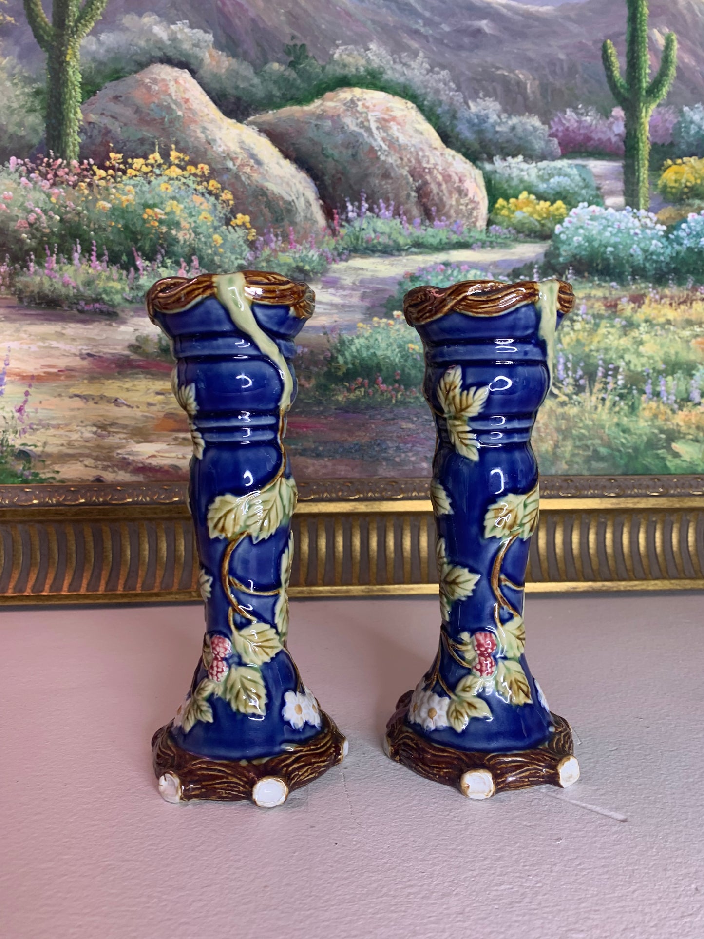 Gorgeous cobalt majolica candleholders with berry and floral details pair (2) - Excellent condition!