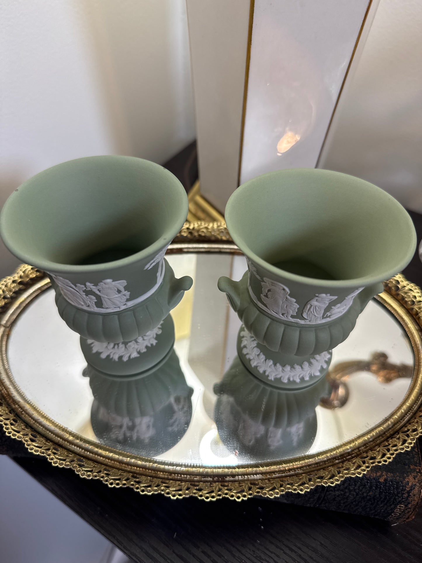Wedgwood sage green pair of small vases 3.5” tall