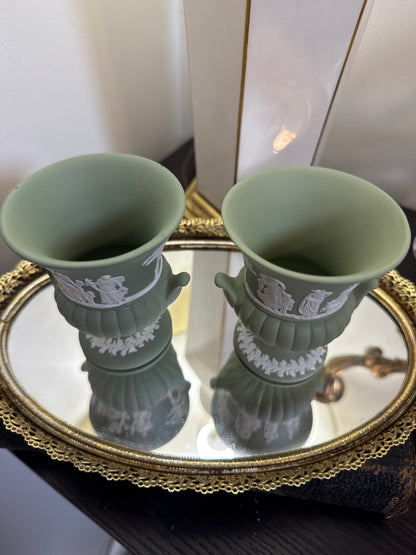 Wedgwood sage green pair of small vases 3.5” tall