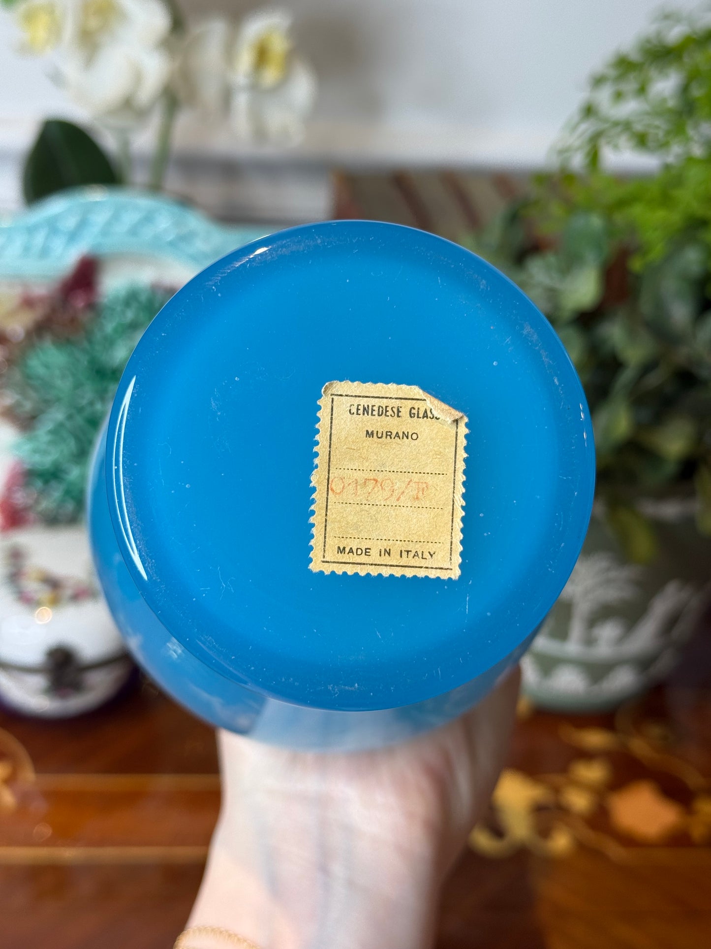 Vintage Murano Cenedese Turquoise Blue Opaline Glass Vase with Gold Trim | 10” Tall