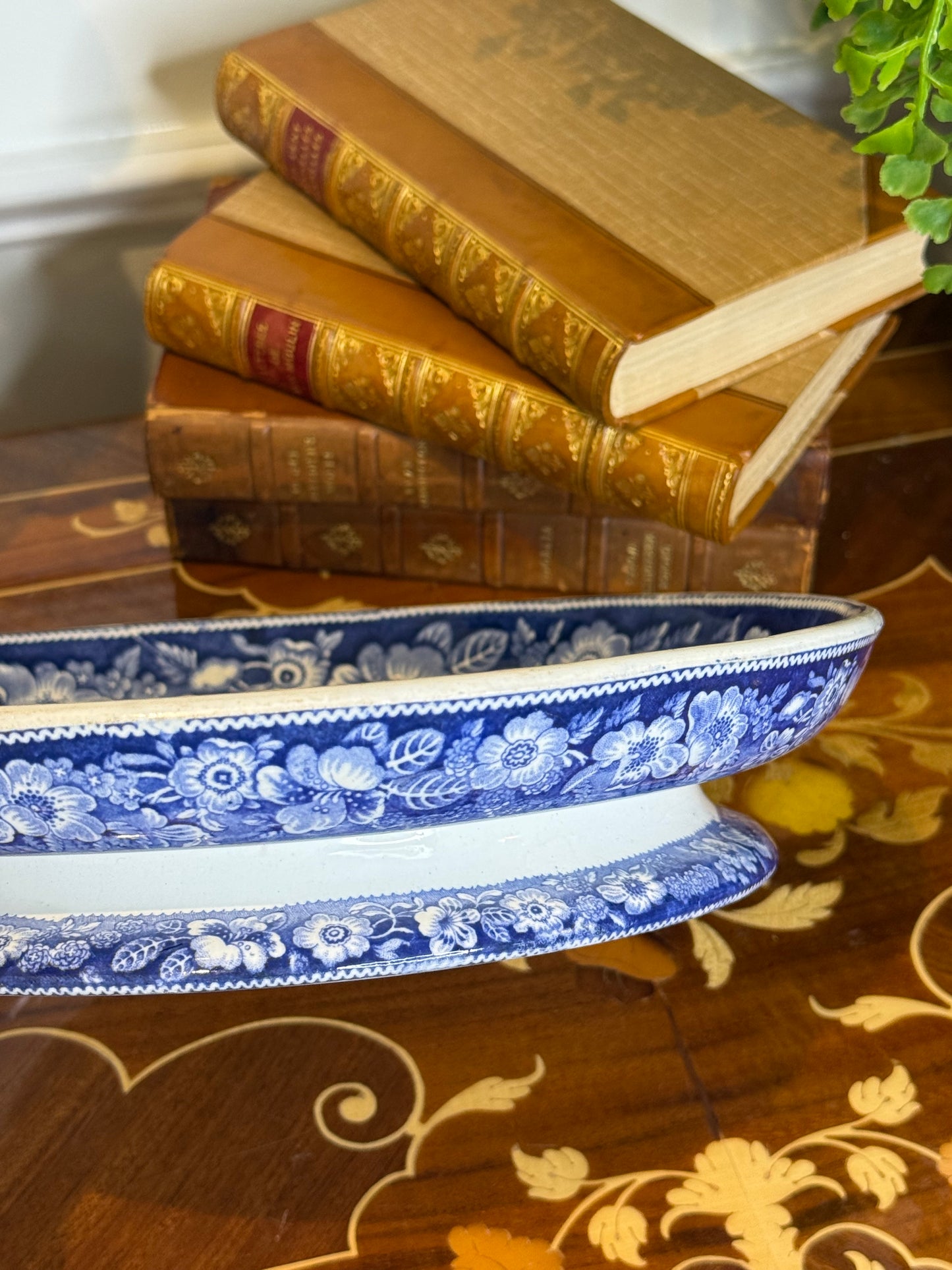 RESERVED - ROOTBERNADETTE- Antique John Meir Staffordshire “River Fishing” Pedestal Dish | Blue & White Transferware | Wild Rose Border | c. 1820s–1830s
