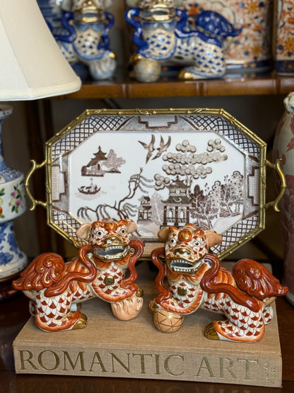 Danny’s Fine Porcelain - Rust & White Spaniel Foo Dog Figure Pair W/ Gold Accent (2 sizes to choose)