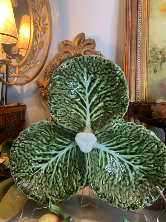 Three Section Green Cabbage ware Serving Piece
