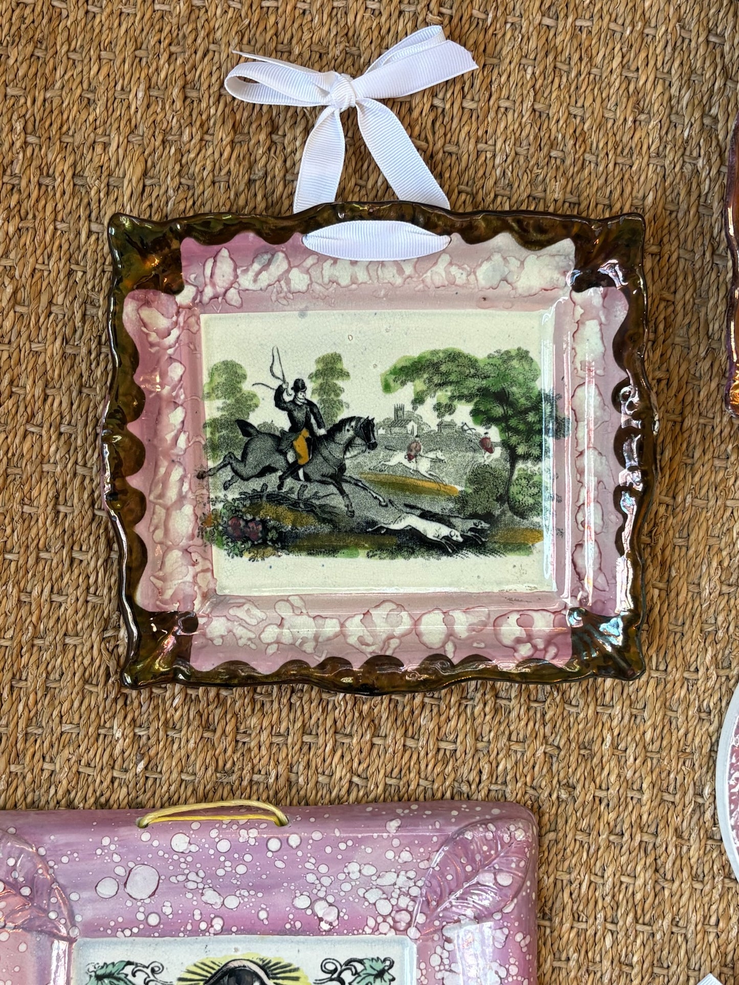 WCCR Charitable Item #120 | Antique Sunderland Pink Lustre Ceramic Wall Plaque | Fox Hunt Transferware Scene | Copper Lustre Border | 8.5” x 7.5”