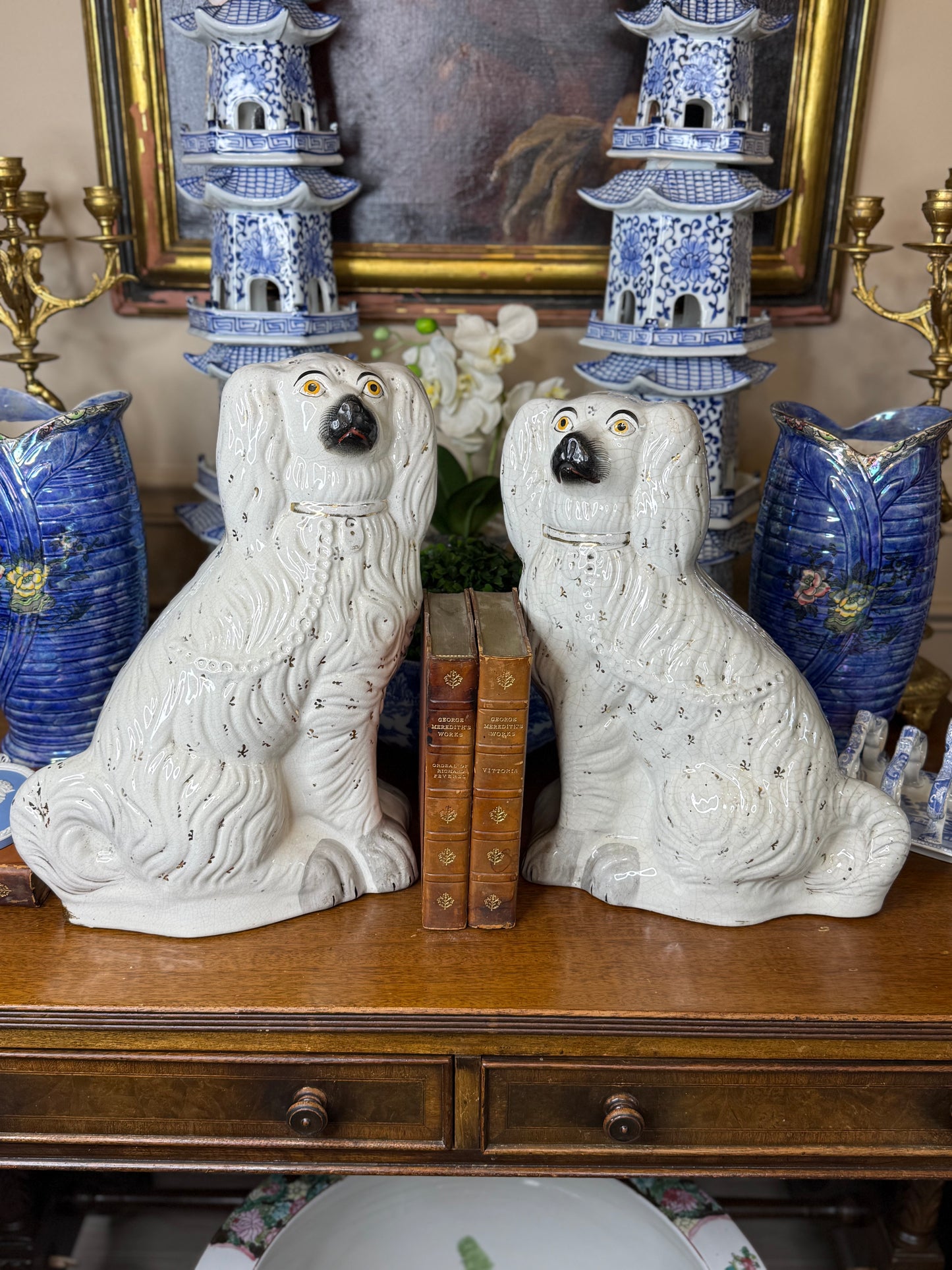 Early 19th Century Staffordshire Spaniel Pair – Overscale Mantel Dogs, 14” & 13.5”
