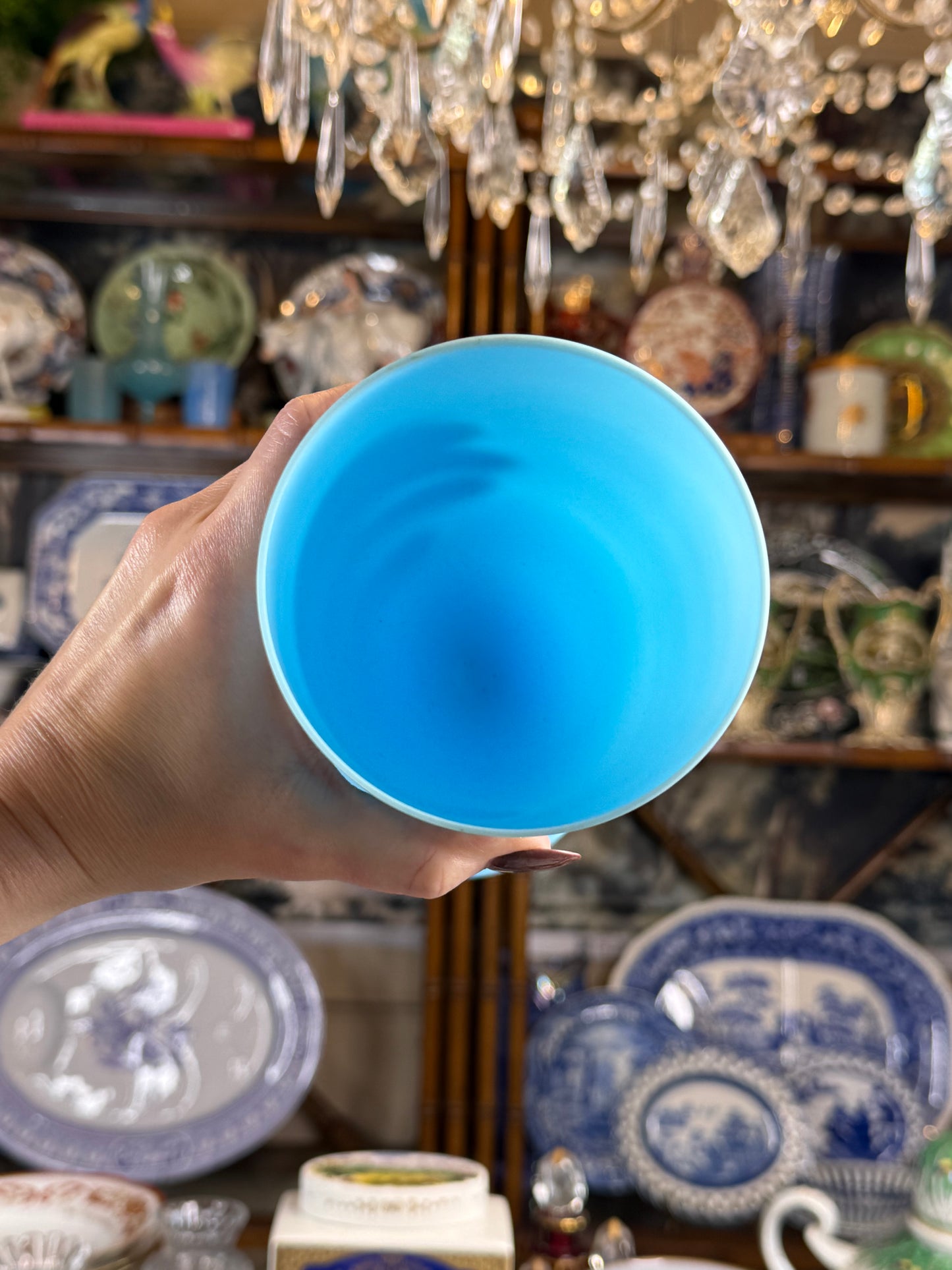 Very Large Pair French Blue Opaline Glass Presentation Goblets / Chalices | 9.75”Tall, 4”D base