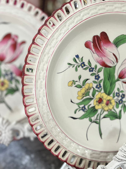 Live 06/09 Antique French Faience Reticulated Tulip Plates Set Of 2