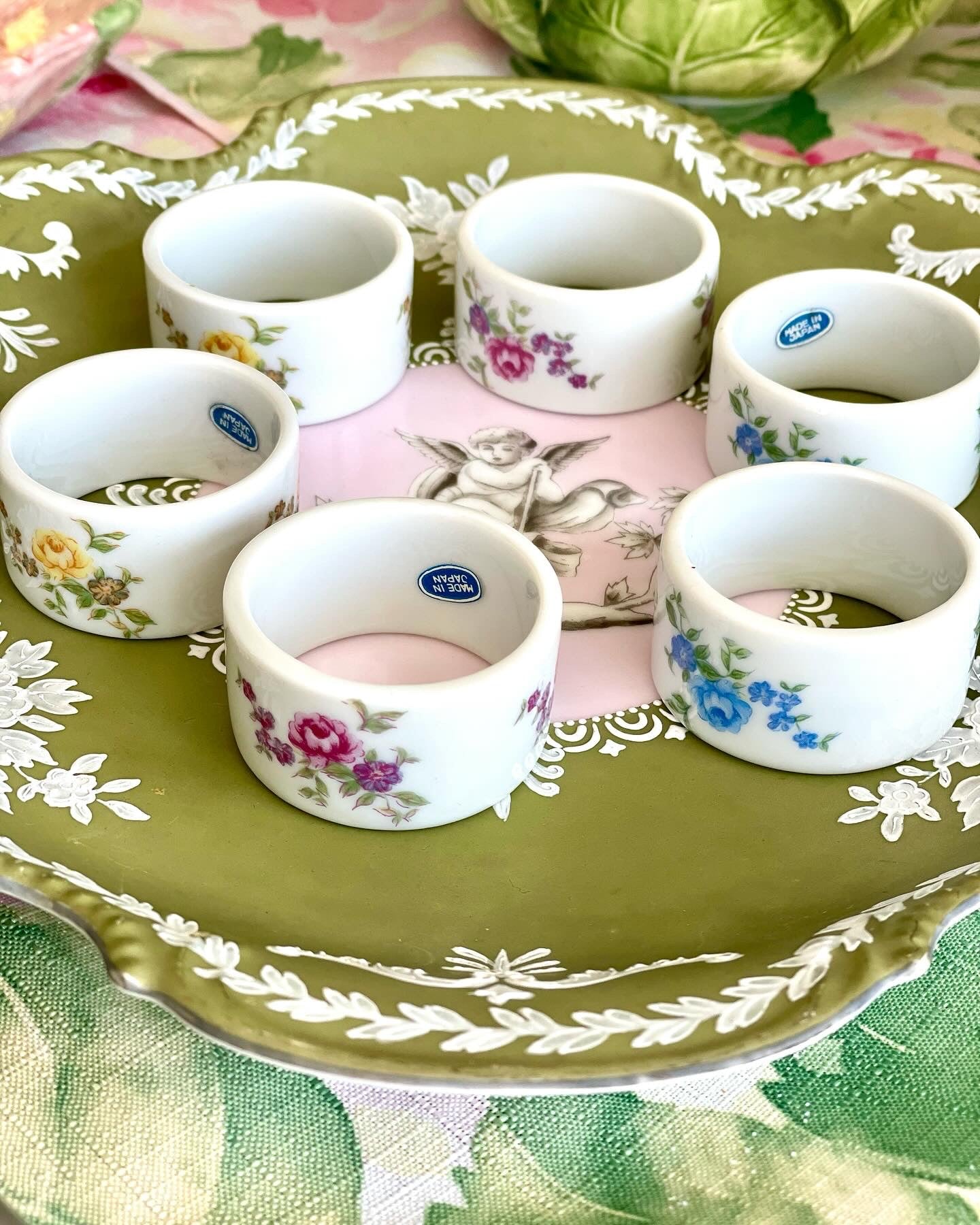 Vintage Set of 6 Hand Painted Porcelain Floral Napkin Rings - Pristine!