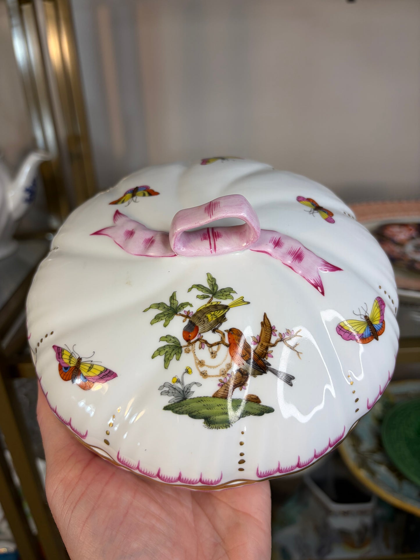 Gorgeous Herend Rothschild porcelain covered bonbon dish featuring hand-painted bird and butterfly motifs with a pink ribbon finial!