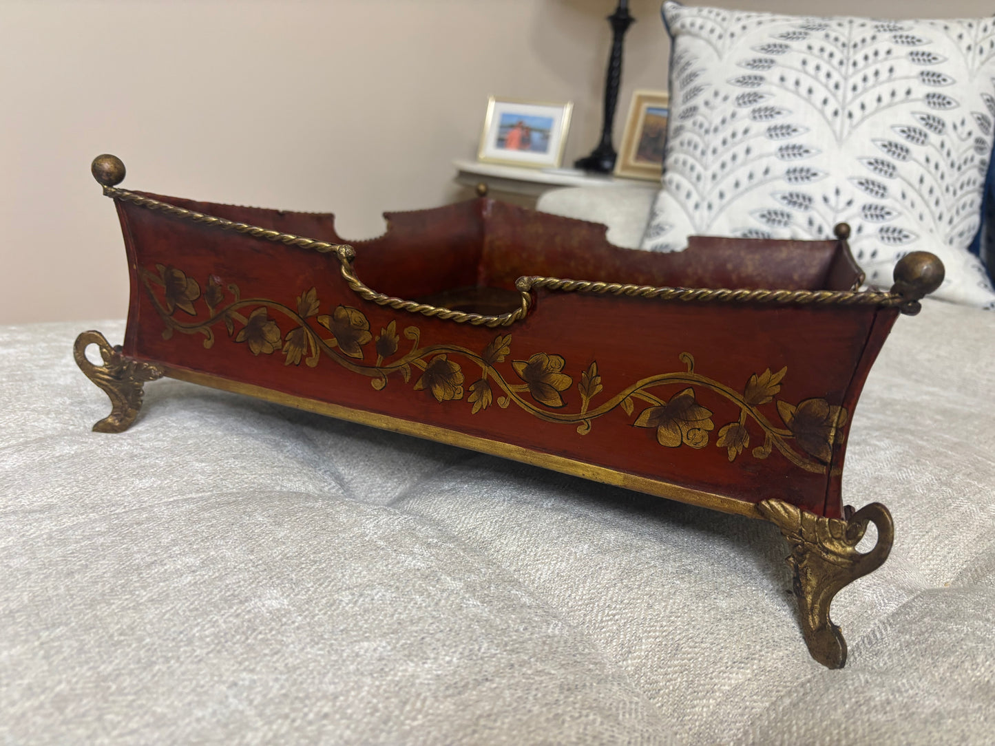 Stunning extra large gallery tole tray with designs and brass feet!