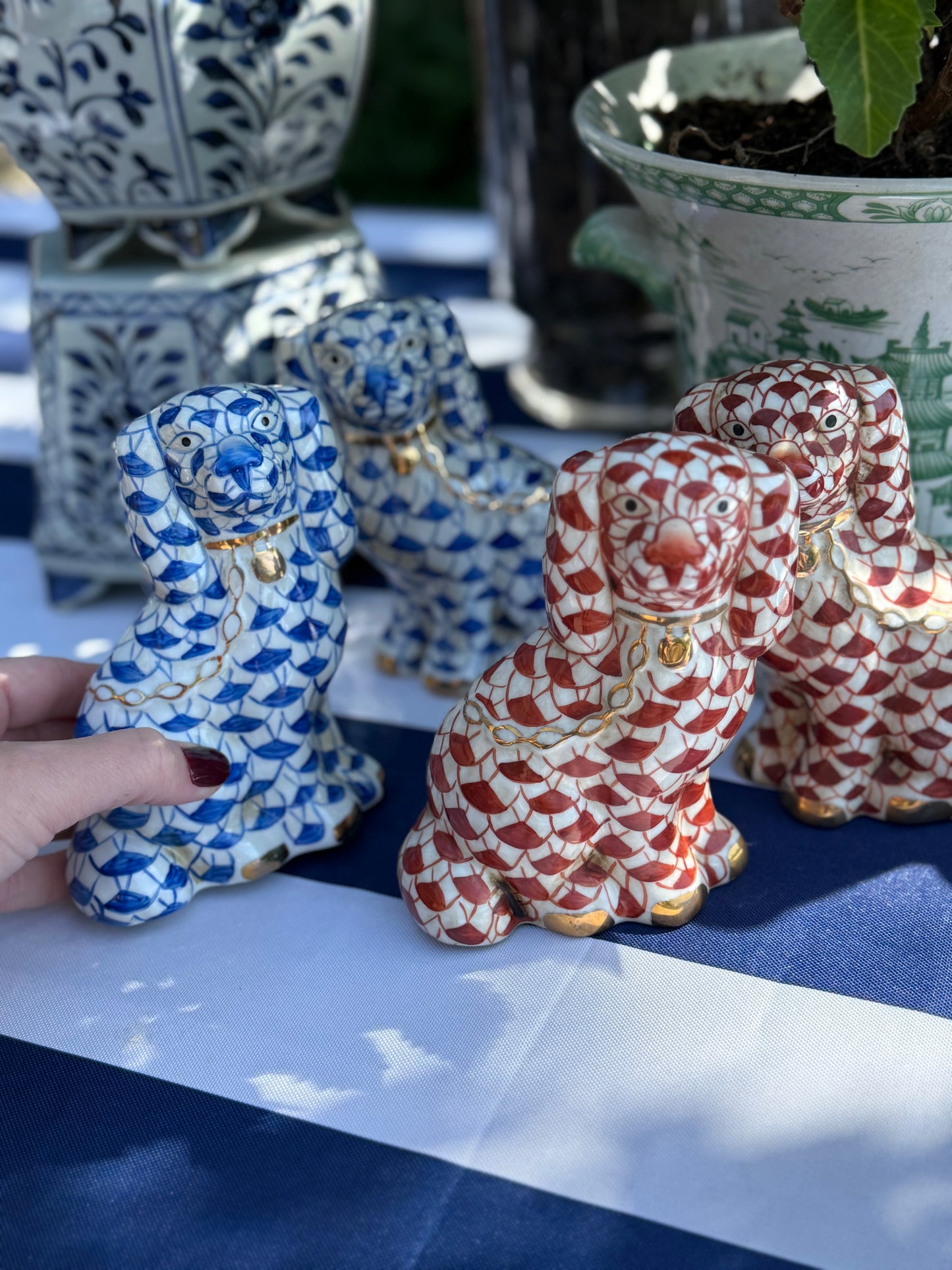 Danny’s Fine Porcelain Fishnet Blue & Rust Spaniel Dog Figure Pair W/ Gold Accent (2 colors to choose) 5.5”H X 9Lx2W