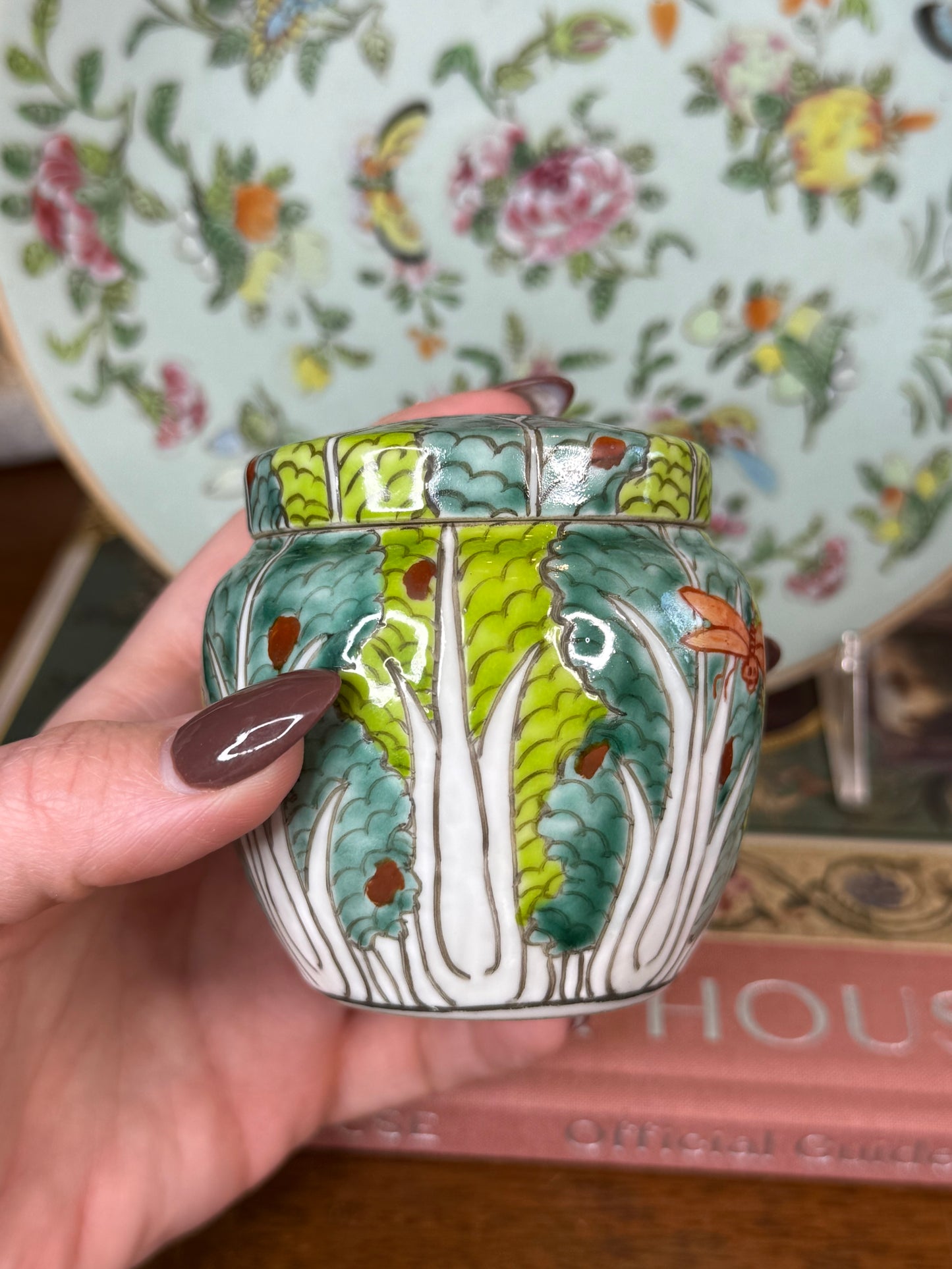 Vintage Chinese Bok Choy Porcelain Lidded Jar | Famille Verte Style | 3”