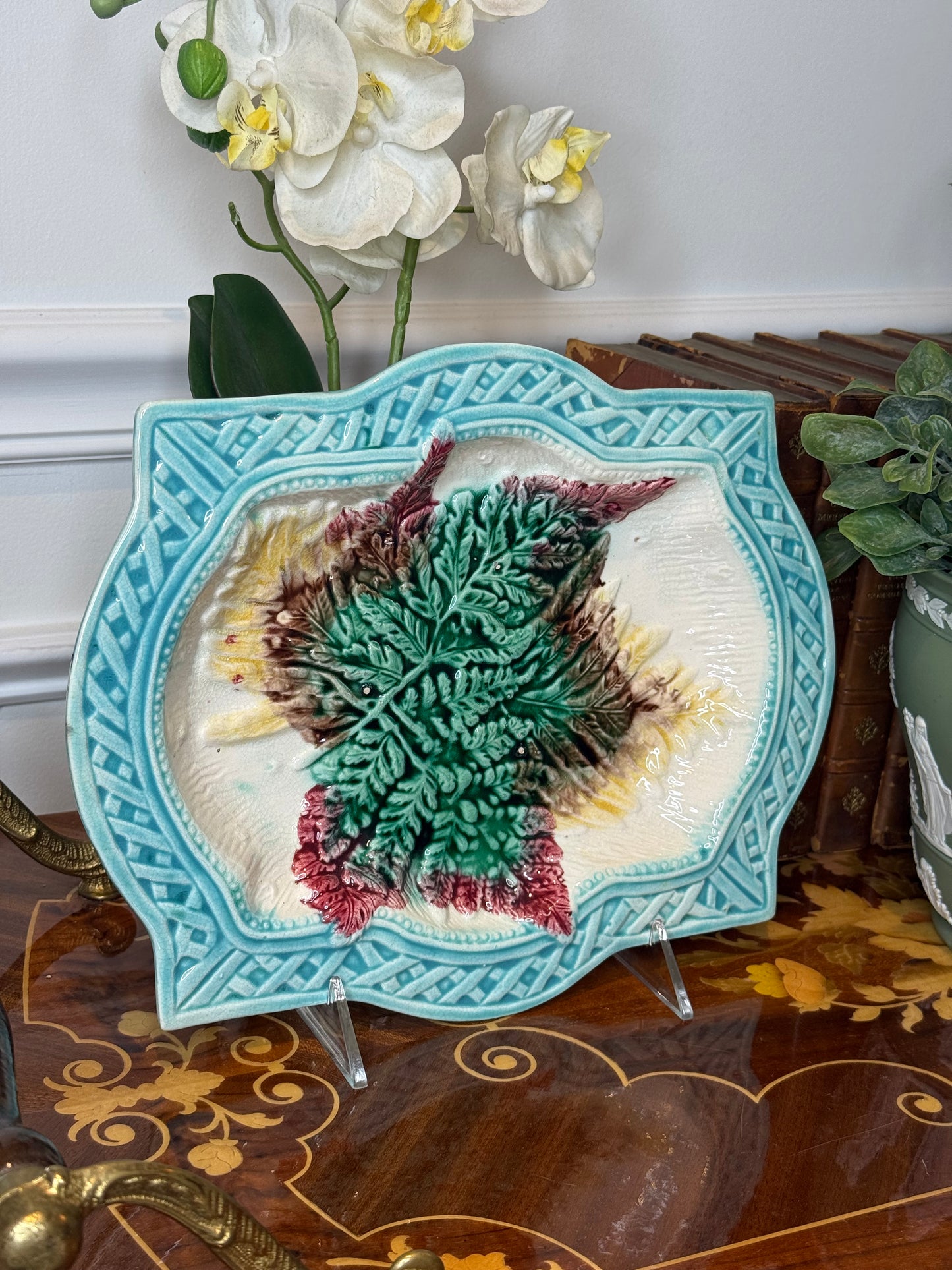 Antique French Majolica Fern & Leaf Serving Platter | Turquoise Basketweave Border | Victorian Faience | DA4528