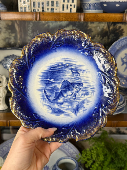 Antique English Flow Blue Fish Plate | Cobalt Blue & Gilt | Stoke-on-Trent | c.1900 | 8.5”