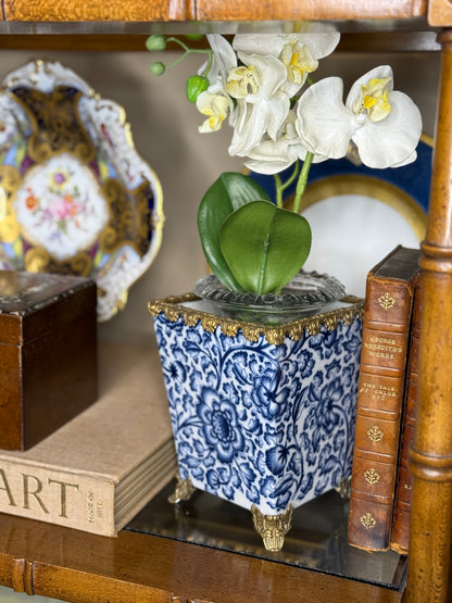 Danny’s Fine Porcelain: Blue & White Floral Square Porcelain Cachepot with Bronze Ormolu Trim & Feet: 5” L x 5” W x 6.5” H
