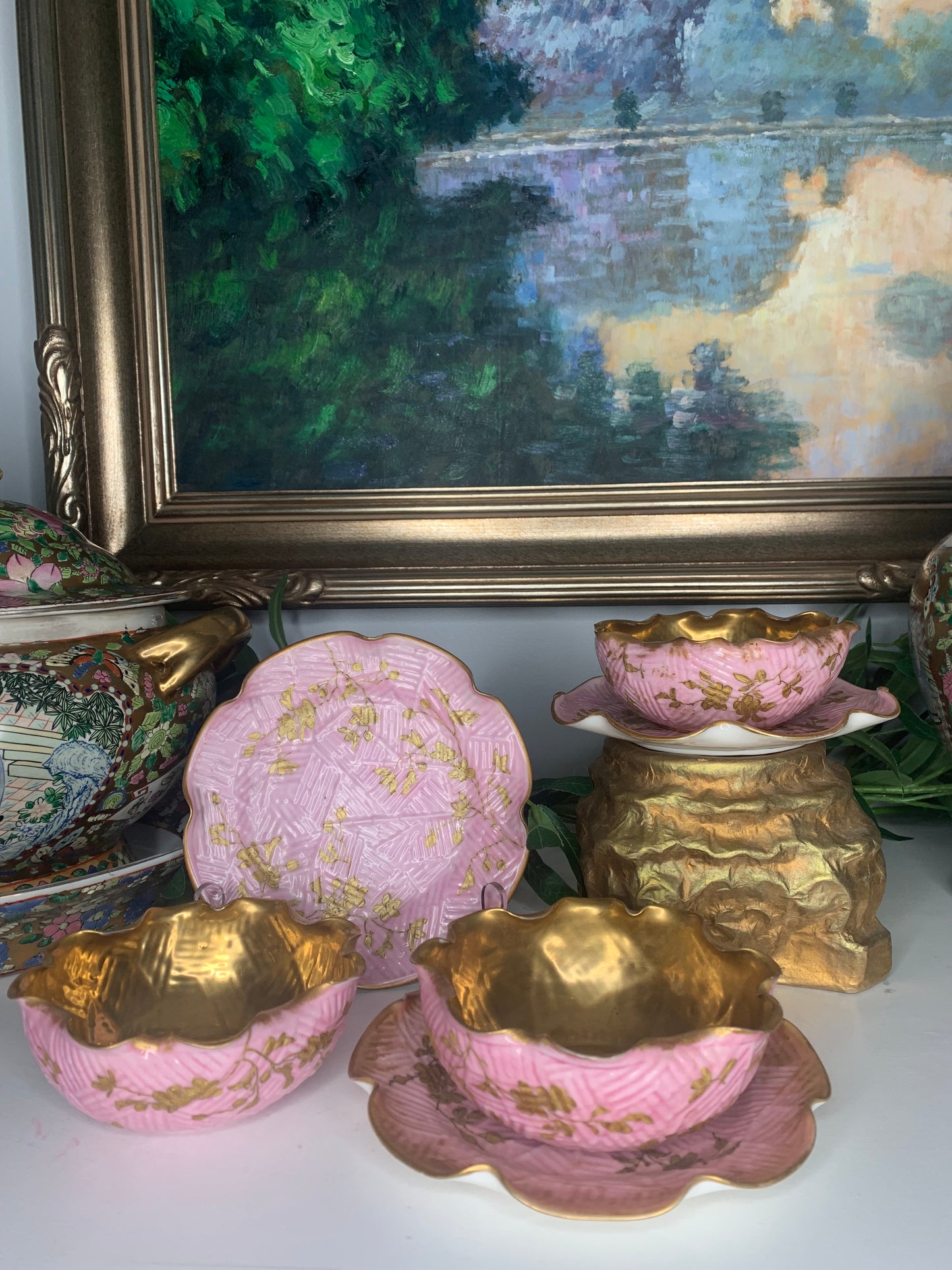 Set (6 pc) Antique French Pink Porcelain Plates and Bowls