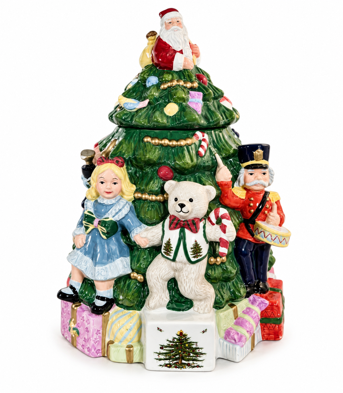 Vintage Spode Christmas Tree Figural Cookie Jar “Toys Around the Tree” c. 1990 England