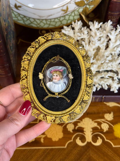Antique Miniature Portrait of a Young Girl in Gilt Bronze Frame | 5x4” Hand-Painted Enamel