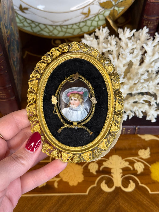 Antique Miniature Portrait of a Young Girl in Gilt Bronze Frame | 5x4” Hand-Painted Enamel