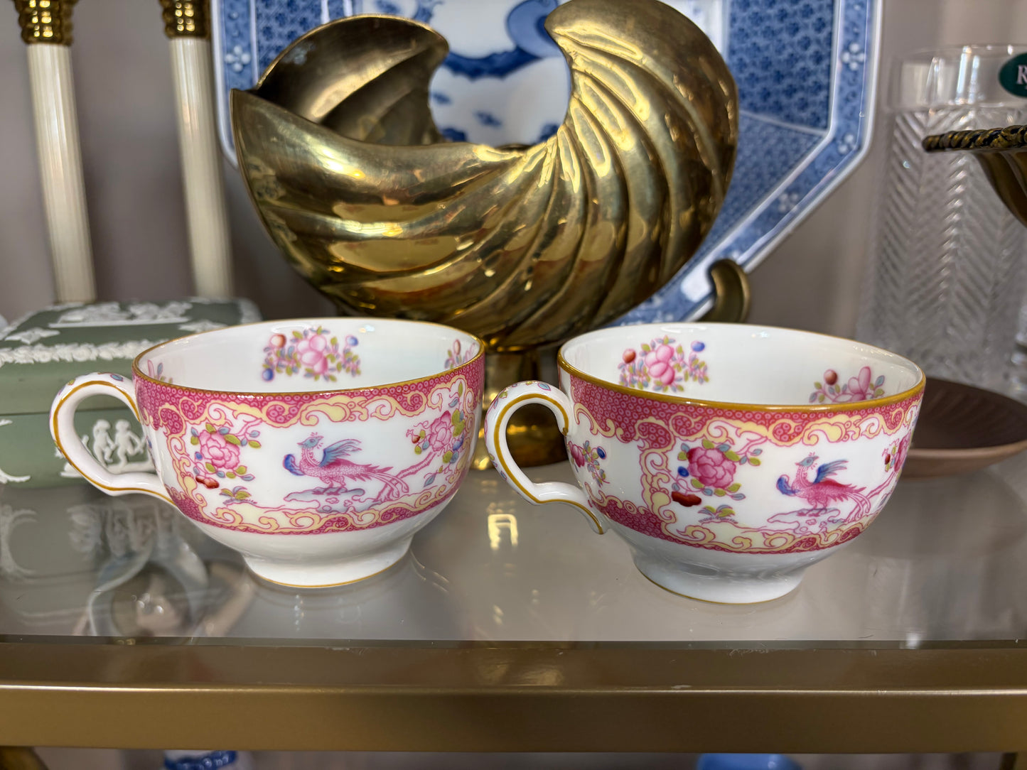Minton Pink Cockatrice teacups pair!