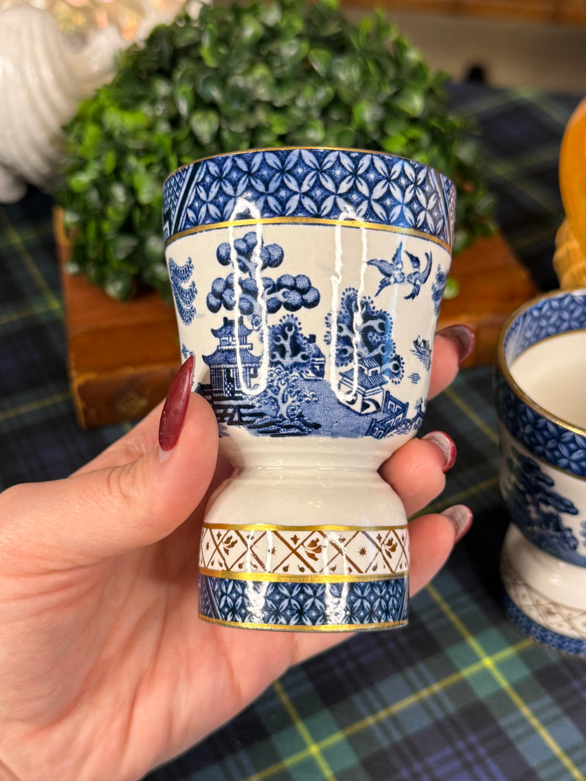 RESERVED - 320ELIZABETH - Vintage Booths Real Old Willow Blue & White Double Egg Cups with Gilt | Pair | England
