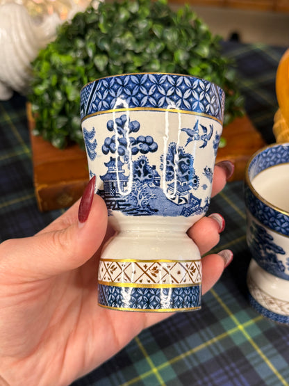 RESERVED - 320ELIZABETH - Vintage Booths Real Old Willow Blue & White Double Egg Cups with Gilt | Pair | England
