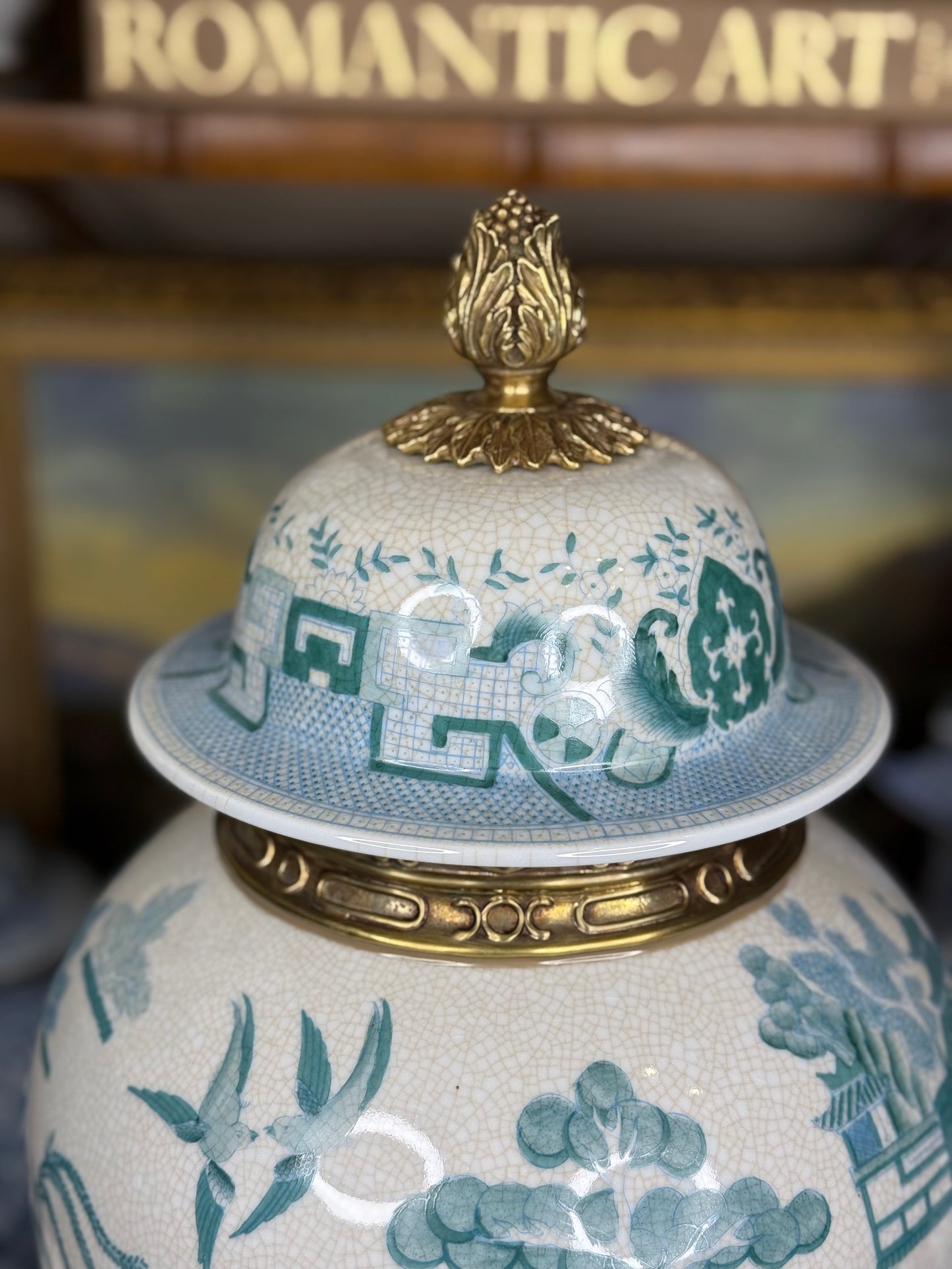 Danny's Fine Porcelain: Turquoise Willow Pattern Bronze Ormolu Temple Jar: 19”Tall,10Lx10W