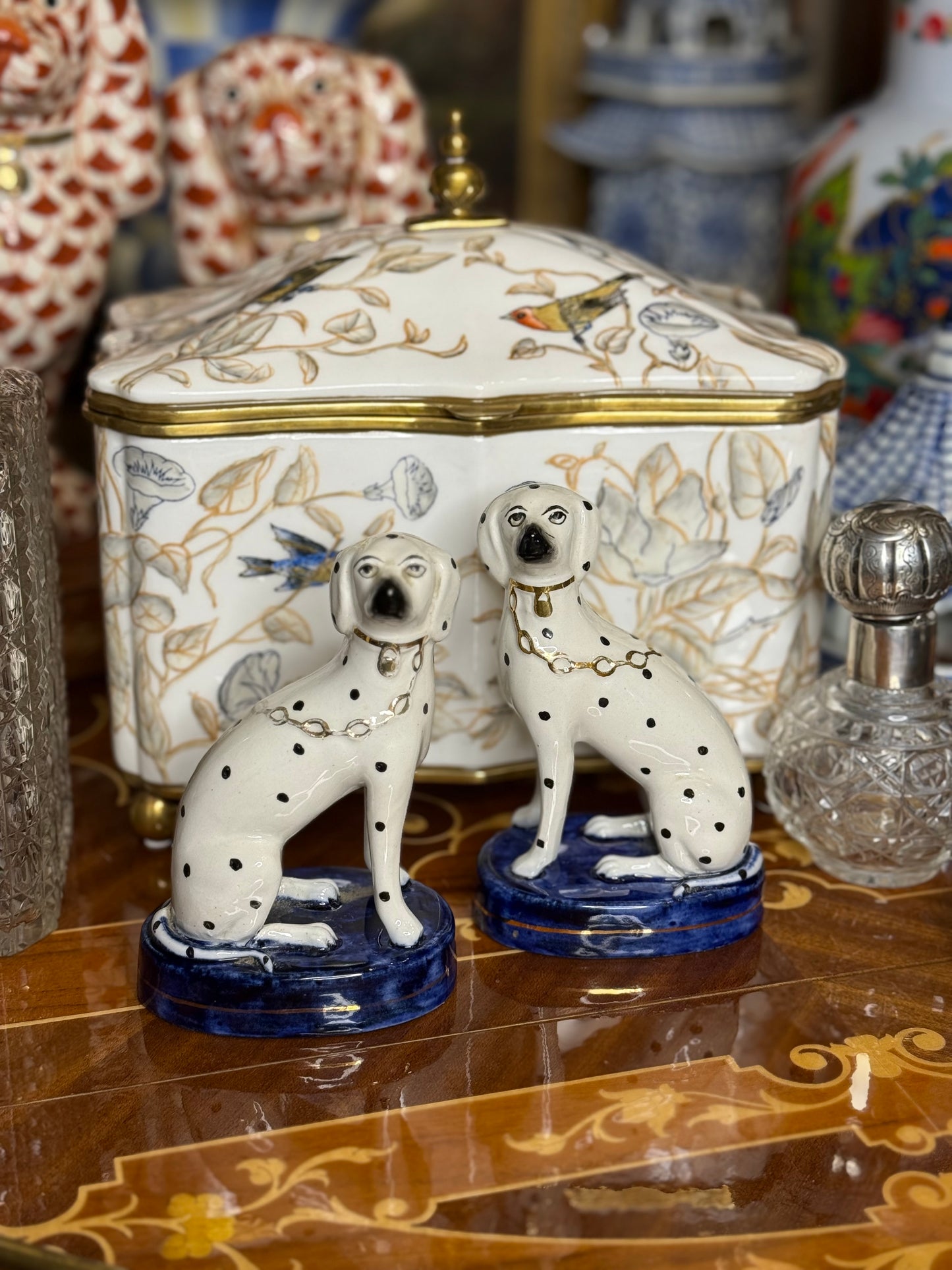 Vintage Pair of Hand-Painted Porcelain Dalmatian Dogs on Cobalt Bases (5.25”) English
