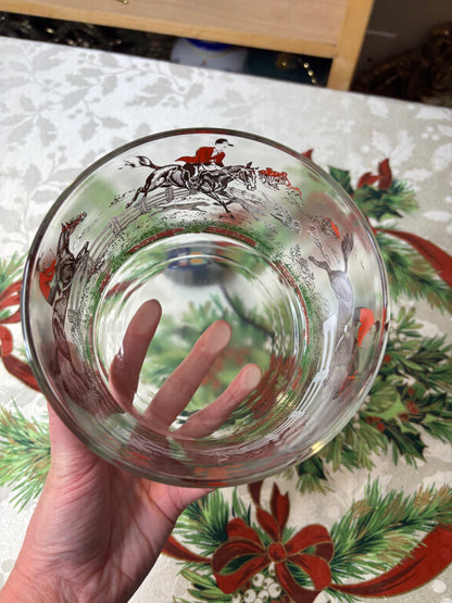 Vintage Hazel Atlas glass ice bucket with a fox hunting scene!