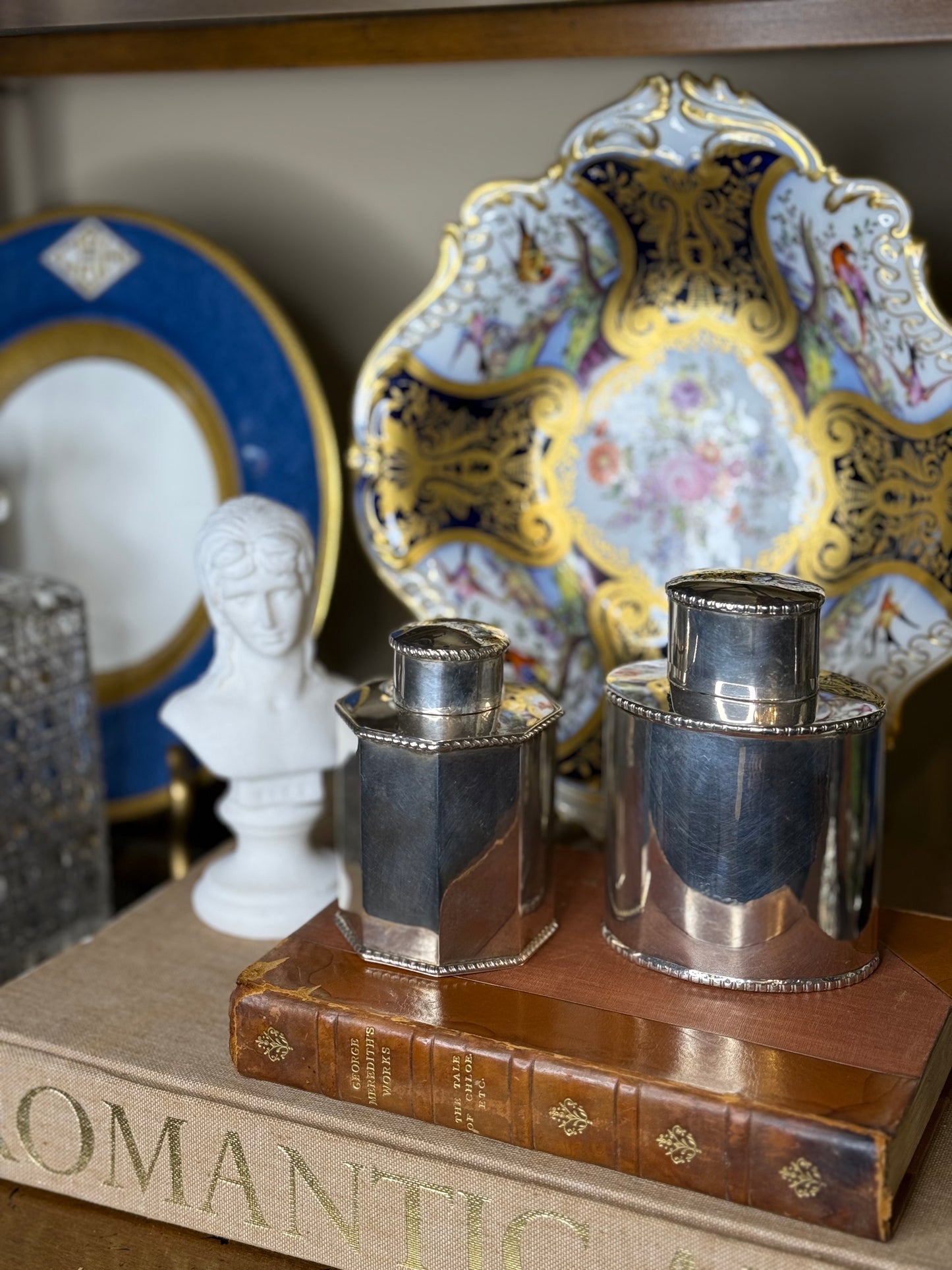 Antique English Silverplate Tea Caddy Set/Pair 4” & 4.5” Tall