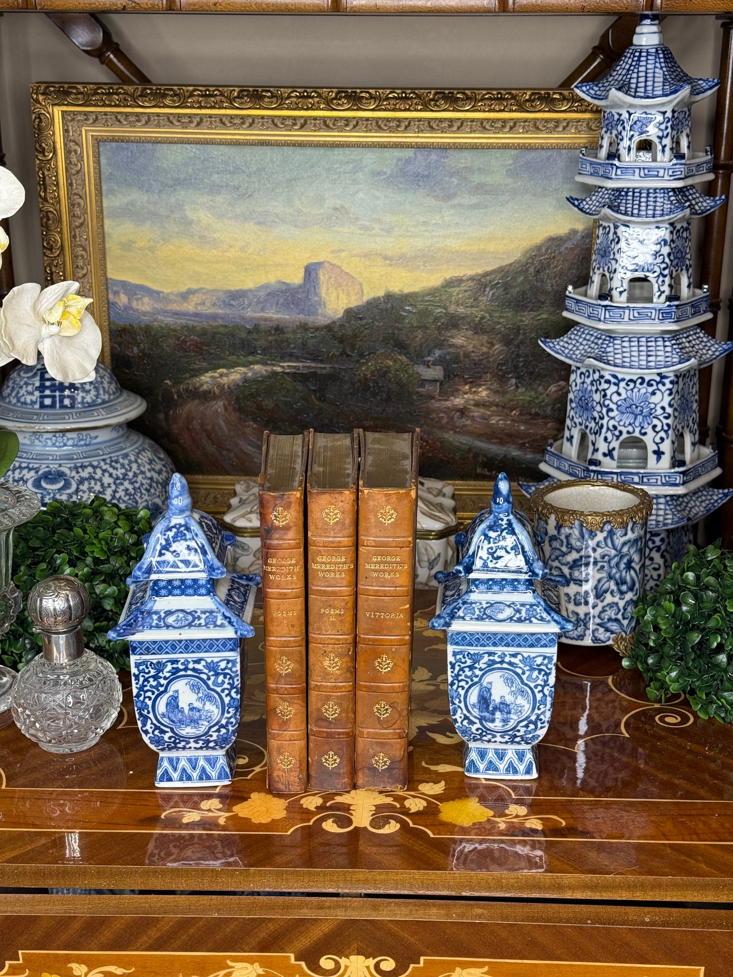 Danny's Fine Porcelain: Petite Blue & White Pagoda Lidded Jar – Courtyard Scene, 8” Tall