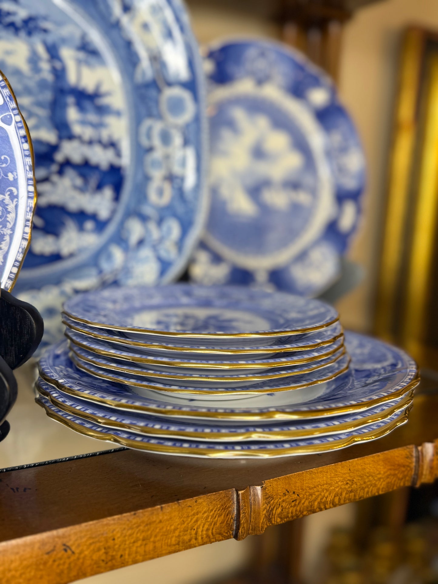 RESERVED - RARE Spode “Camilla” Bone China Blue & White Dinnerware Set – Scalloped Edge with Gilt Trim, Copeland’s China (10 Pieces)