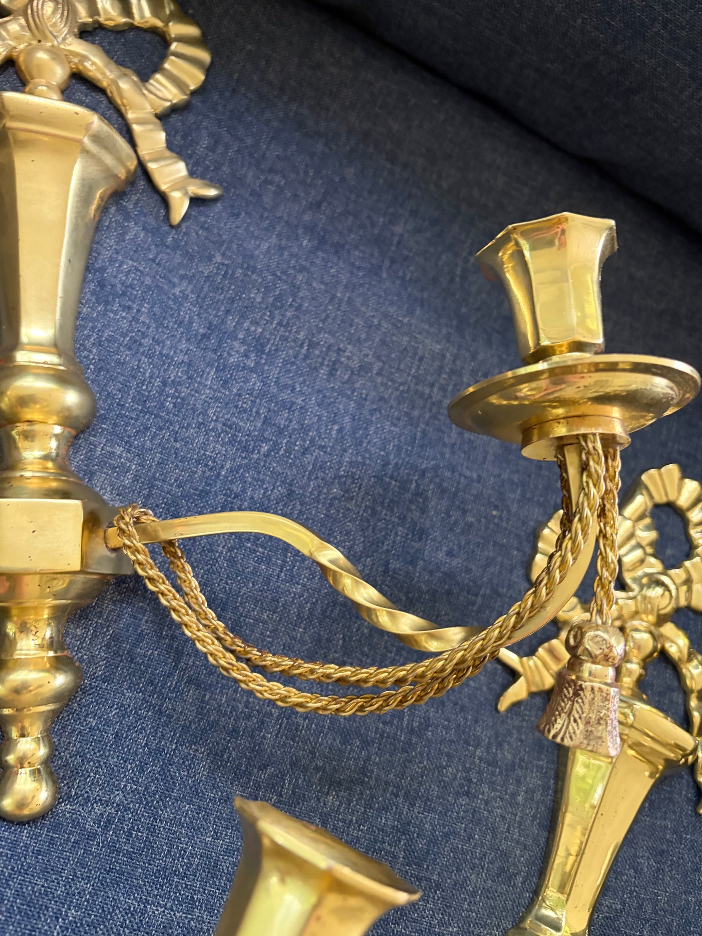 Lovely brass bow sconces with rope and tassel designs pair!
