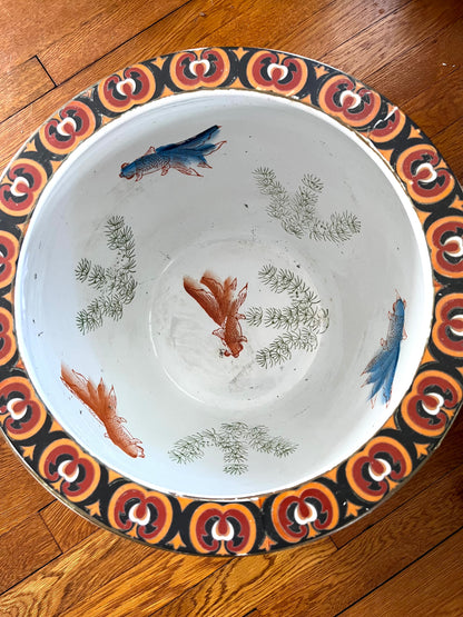 Live 09/15 Striking Large Chinoiserie Black Ground Fish Bowl Jardinière with Stand - Floor Size