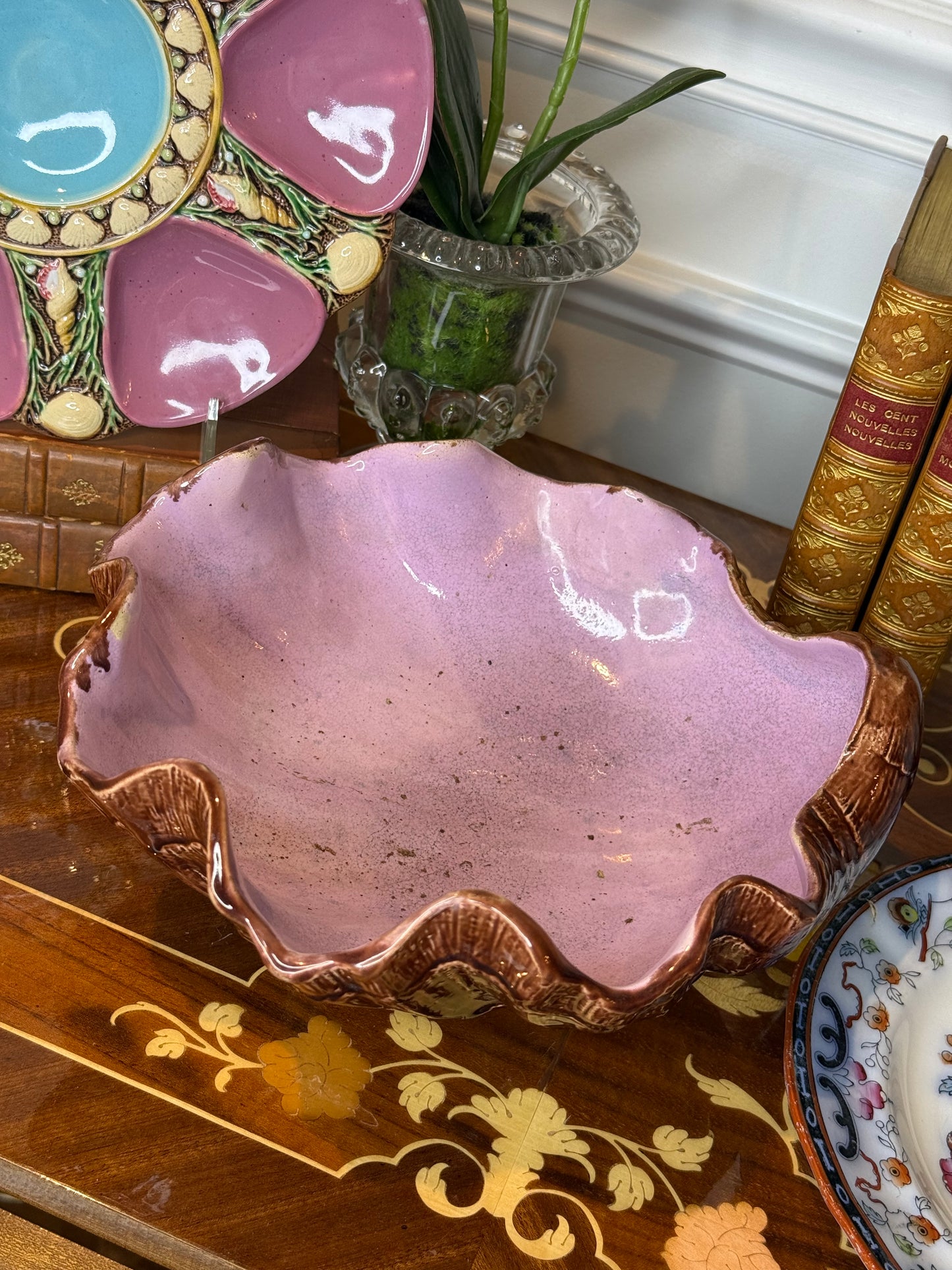 Antique French Majolica Oyster Shell Bowl | Pink Shell Form Centerpiece | 9” | Victorian Oyster Style