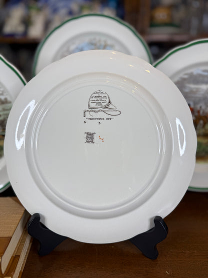 Vintage Spode “The Hunt” J.F. Herring Sr. Equestrian Hunting Plates, Set of 4, Green Trim, Scalloped Edge, England, 10” D | #DA4593