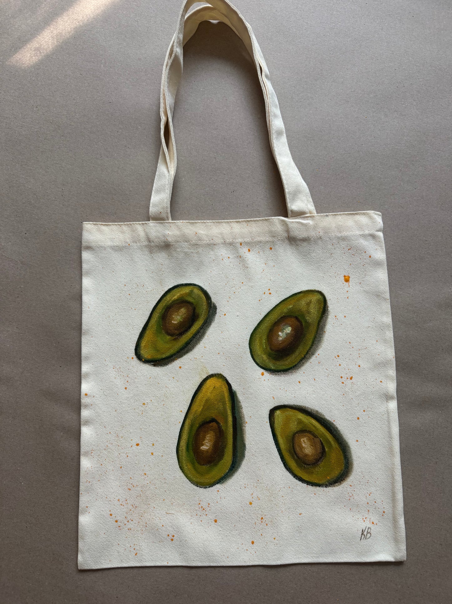 Avocado hand painted tote bag 15x14”