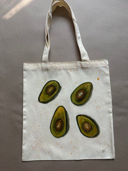 Avocado hand painted tote bag 15x14”