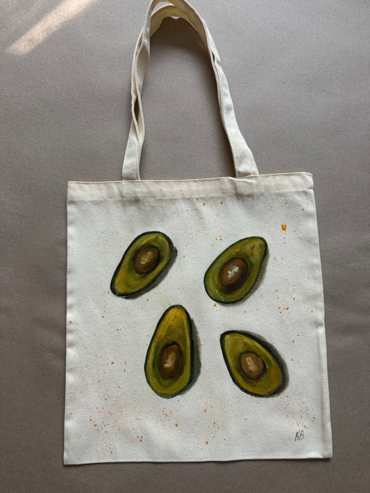 Avocado hand painted tote bag 15x14”
