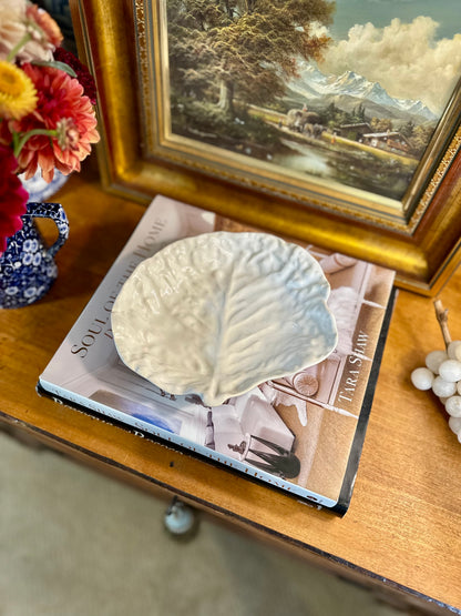 Vintage White Majolica Style Cabbage Leaf Shallow Dish, Made in Portugal, 8"