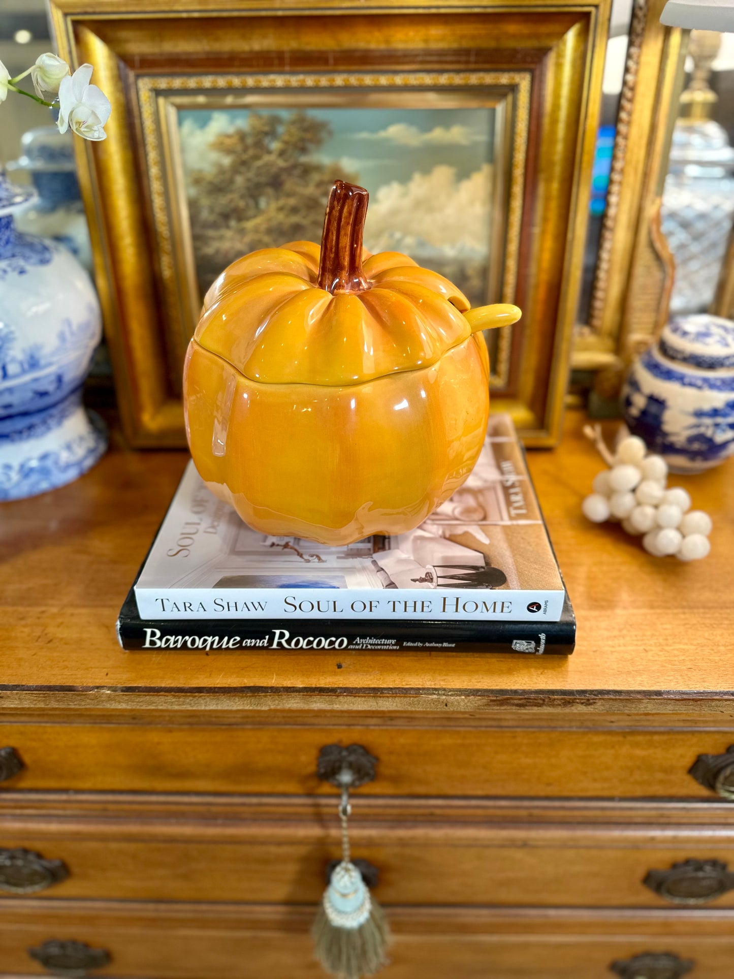 Festive Figural Pumpkin Tureen with Lid & Ladle 3-piece Set, Made in Portugal, 10”