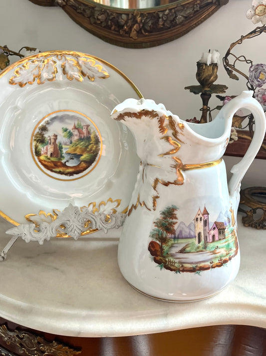 Gorgeous Set Of Paris Porcelain Pitcher/Milk Jug And Plate Hand Painted Castle Landscape