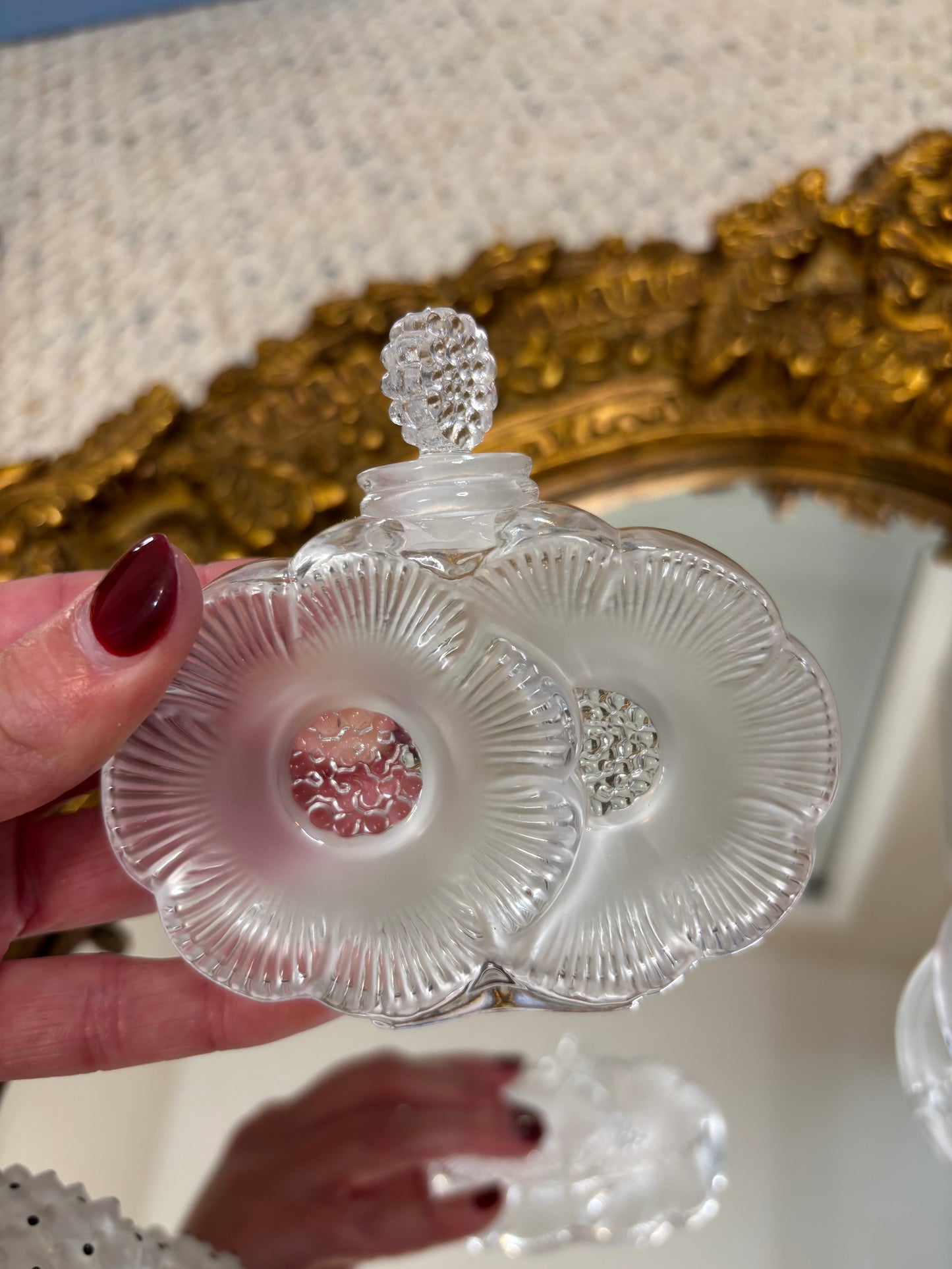 Stunning Lalique Double Flower perfume bottle with clear and satin finish!  In excellent condition! Measures 3 3/4” tall. Marked Lalique France on bottom.