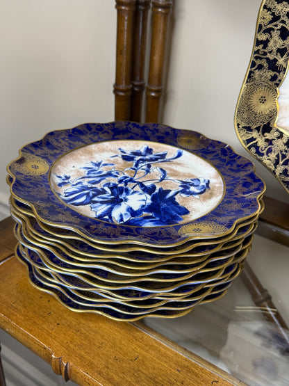 Antique Doulton Burslem “Blue Iris” Platter & (12) Scalloped 9.5”D Plates | England, c. 1890–1902