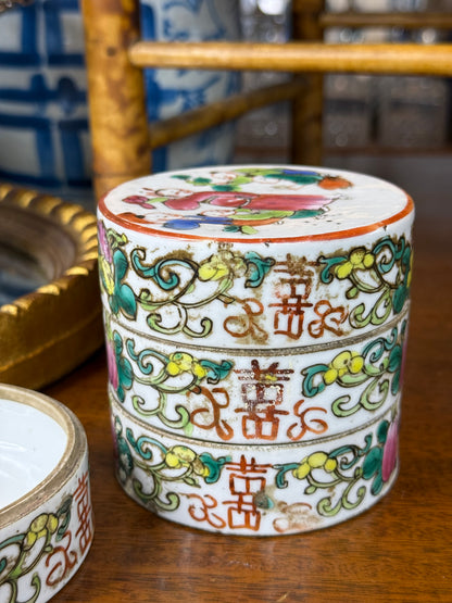 Antique Chinese Famille Rose Stacking Box | Children & Double Happiness Motif | Qing Dynasty | 4” H × 3.5” D