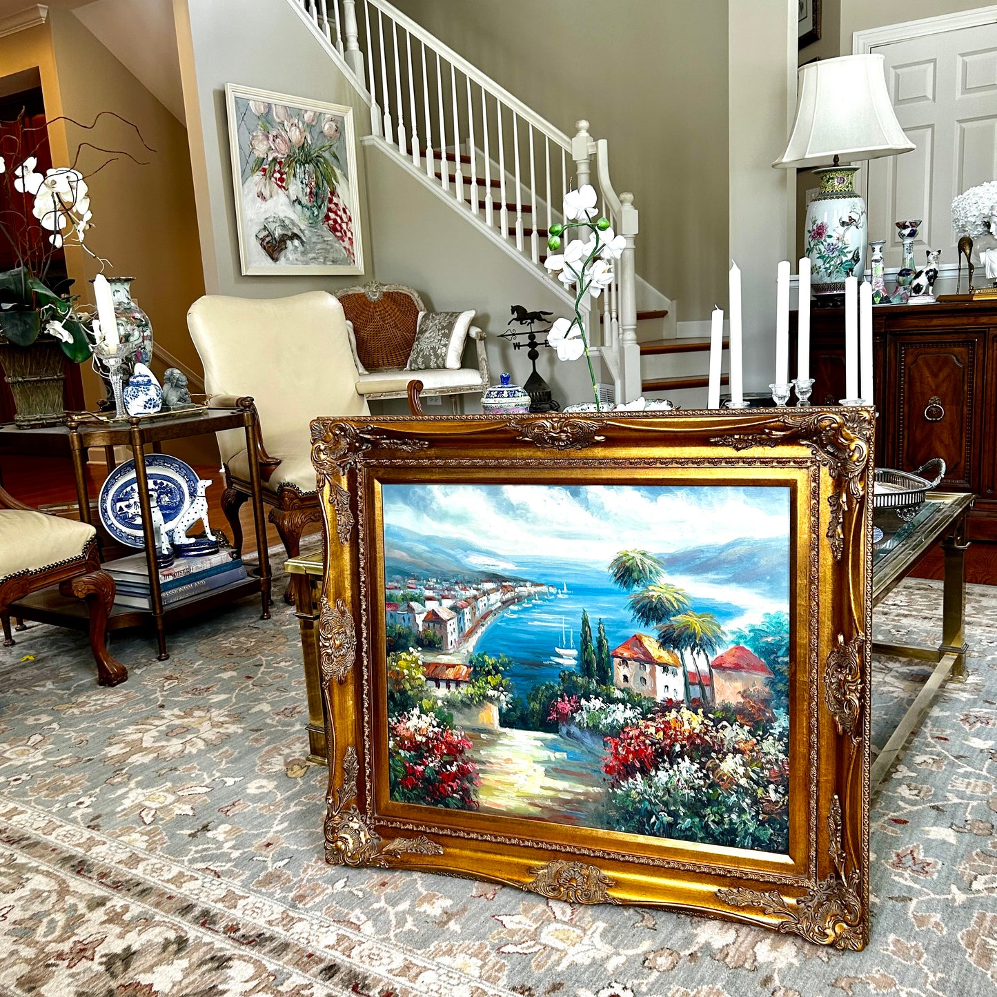 Inviting waterfront landscape massive baroque frame  31 x 28 signed oil painting art